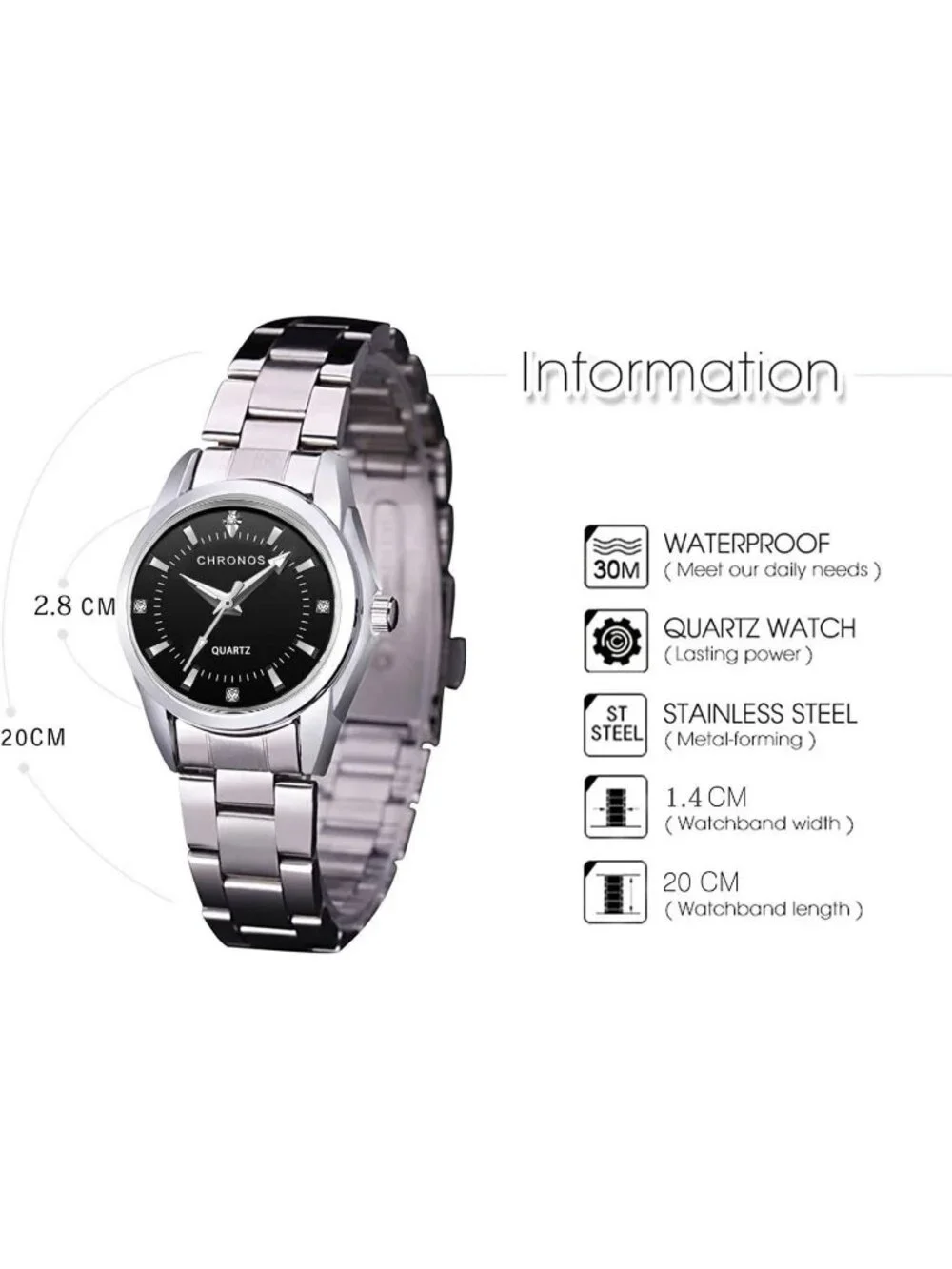 Women's Black Stainless Steel Band Dress Analog Quartz Waterproof Wrist Watches